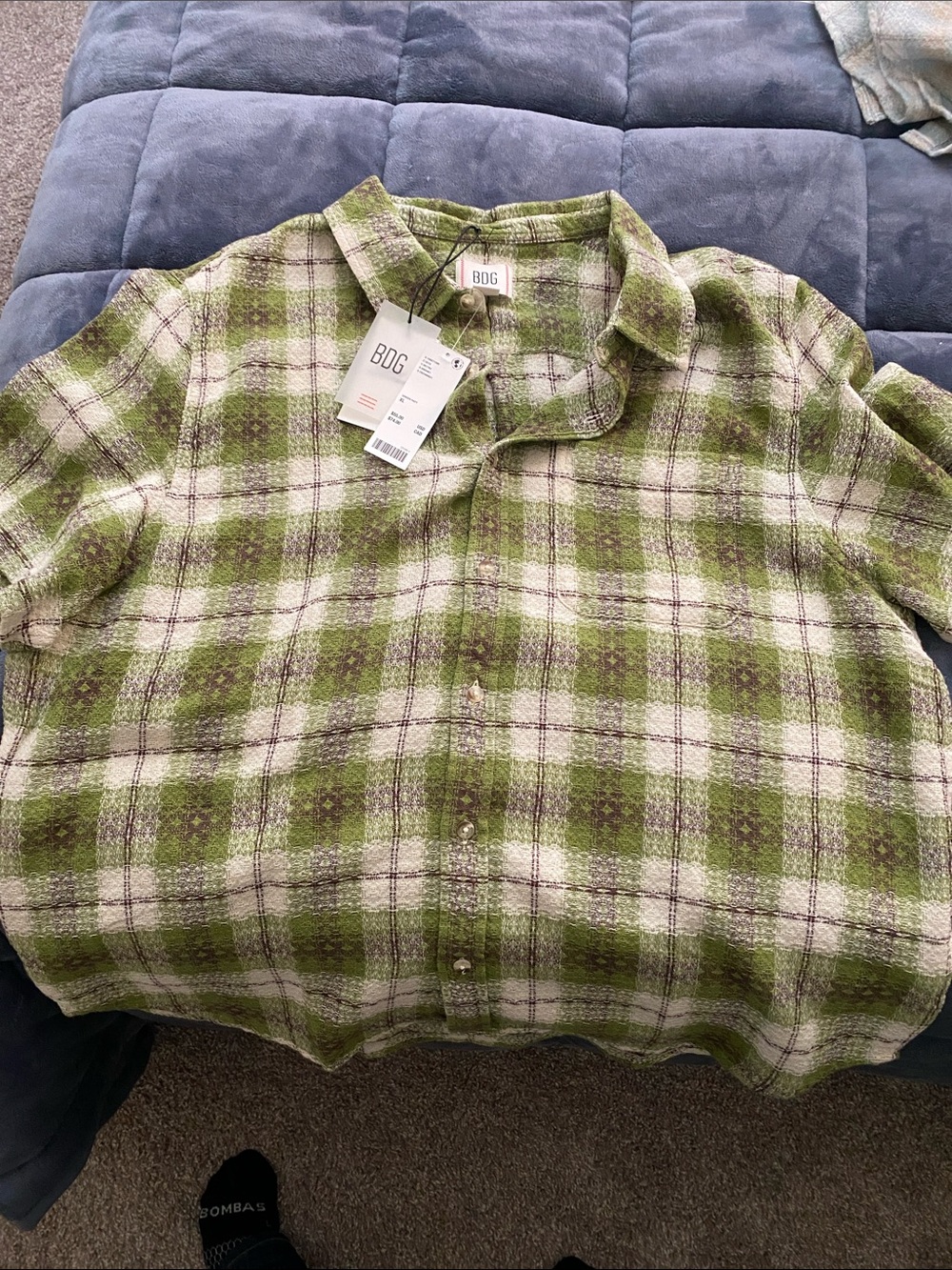 BDG Olive and Cream Plaid Button-Front Shirt